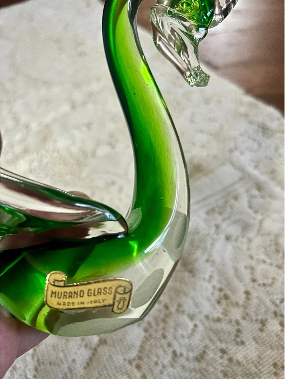 Green and Clear Murano Glass Swan Figurine Made in Italy